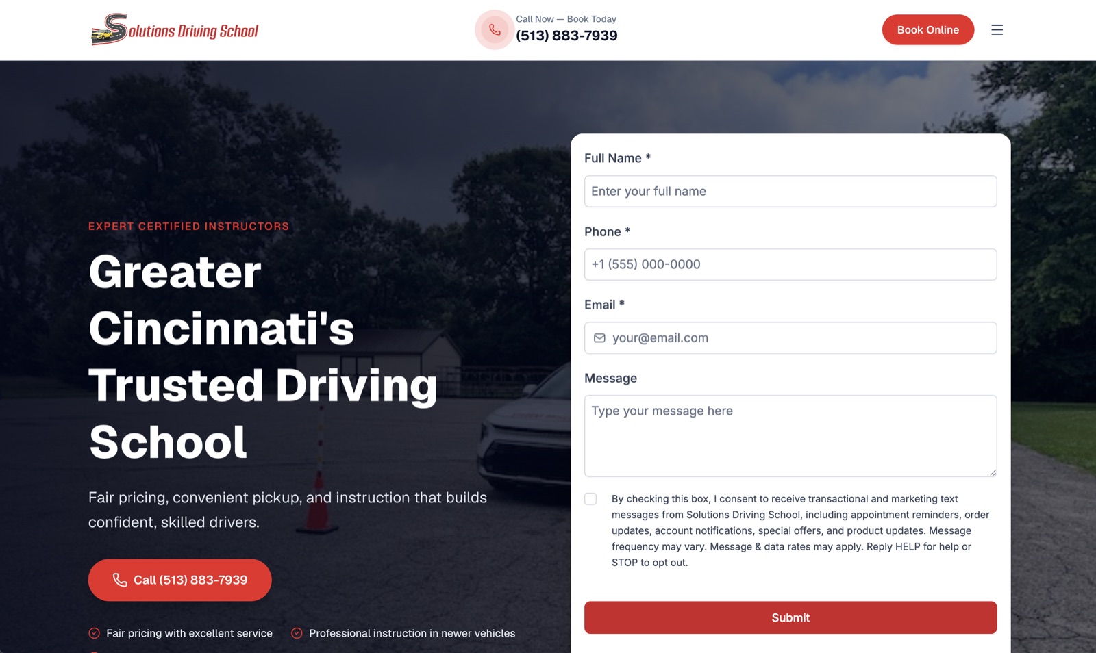The Solutions Driving School homepage built by BERT, with a booking form in the hero
